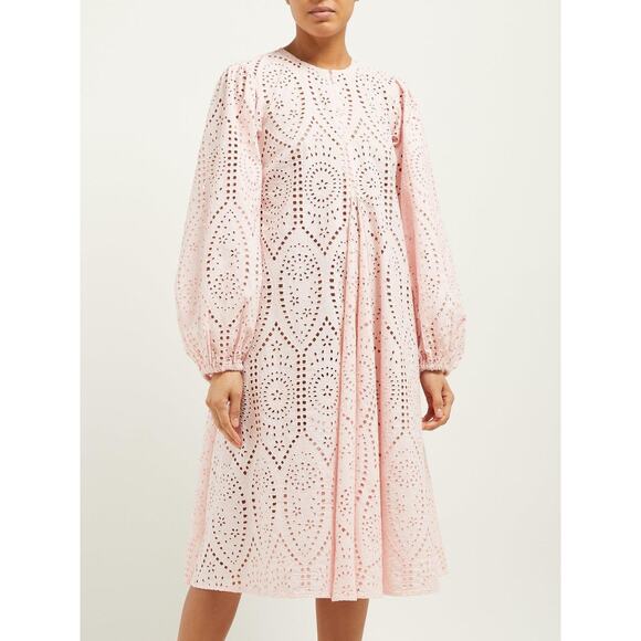 GANNI Sandrose Broderie Anglaise Midi Dress Pale Baby Pink Long Sleeve Zip Front - Picture 1 of 12